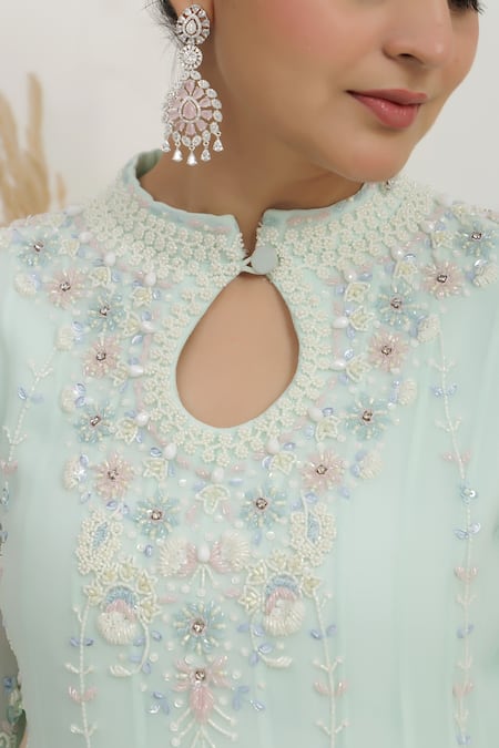 Shop BAIDEHI Blue Georgette Beads, Sequins, Pearls High Neck Embroidered Gown Shop_BAIDEHI_Blue Georgette Beads, Sequins, Pearls High Neck Embroidered Gown