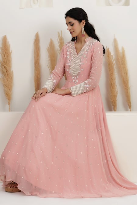 BAIDEHI_Peach Georgette Beads, Pearls, Sequins Collared Cutdana And Embroidered Gown _Online_at_Aza_Fashions