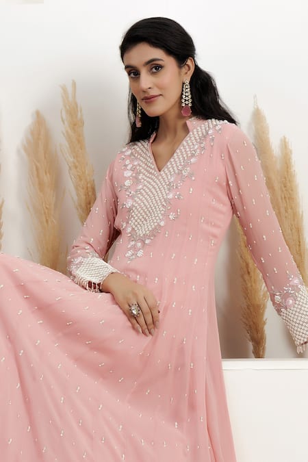 Shop_BAIDEHI_Peach Georgette Beads, Pearls, Sequins Collared Cutdana And Embroidered Gown _Online_at_Aza_Fashions