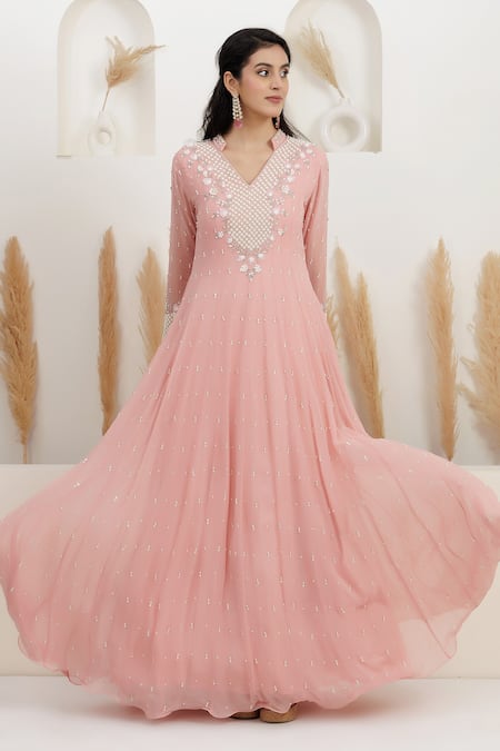 BAIDEHI_Peach Georgette Beads, Pearls, Sequins Collared Cutdana And Embroidered Gown _at_Aza_Fashions