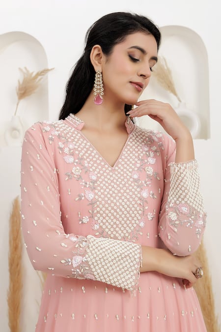 Buy_BAIDEHI_Peach Georgette Beads, Pearls, Sequins Collared Cutdana And Embroidered Gown 