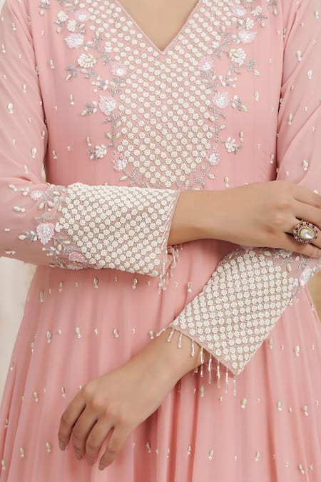 Shop_BAIDEHI_Peach Georgette Beads, Pearls, Sequins Collared Cutdana And Embroidered Gown 