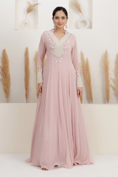 BAIDEHI Pink Georgette Beads, Pearls, Sequins Collared Cutdana And Embroidered Gown Online at Aza Fashions BAIDEHI_Pink Georgette Beads, Pearls, Sequins Collared Cutdana And Embroidered Gown _Online_at_Aza_Fashions