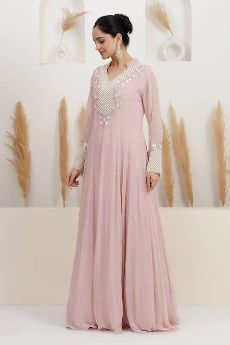 Shop BAIDEHI Pink Georgette Beads, Pearls, Sequins Collared Cutdana And Embroidered Gown Online at Aza Fashions Shop_BAIDEHI_Pink Georgette Beads, Pearls, Sequins Collared Cutdana And Embroidered Gown _Online_at_Aza_Fashions