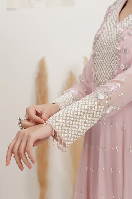 BAIDEHI Pink Georgette Beads, Pearls, Sequins Collared Cutdana And Embroidered Gown at Aza Fashions BAIDEHI_Pink Georgette Beads, Pearls, Sequins Collared Cutdana And Embroidered Gown _at_Aza_Fashions