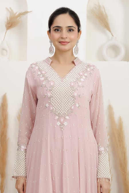 Buy BAIDEHI Pink Georgette Beads, Pearls, Sequins Collared Cutdana And Embroidered Gown Buy_BAIDEHI_Pink Georgette Beads, Pearls, Sequins Collared Cutdana And Embroidered Gown