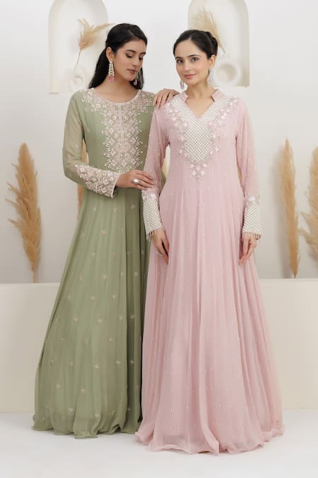Shop BAIDEHI Pink Georgette Beads, Pearls, Sequins Collared Cutdana And Embroidered Gown Shop_BAIDEHI_Pink Georgette Beads, Pearls, Sequins Collared Cutdana And Embroidered Gown