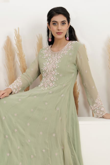 BAIDEHI_Green Georgette Cut Work, Pearls, Sequins, Beads Round Neck And Embroidered Gown _Online_at_Aza_Fashions