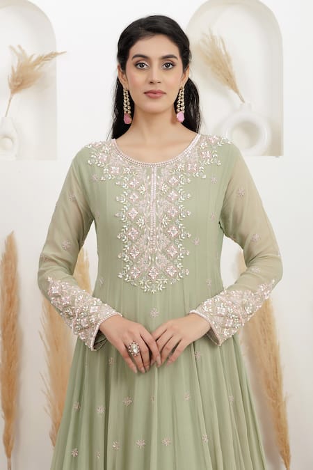 Buy_BAIDEHI_Green Georgette Cut Work, Pearls, Sequins, Beads Round Neck And Embroidered Gown _Online_at_Aza_Fashions