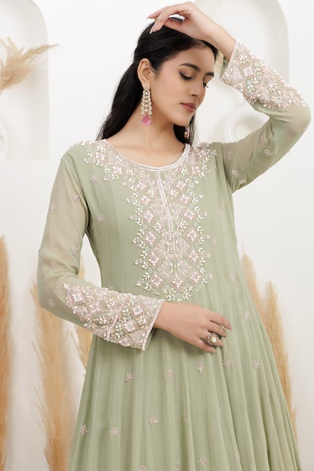 Shop_BAIDEHI_Green Georgette Cut Work, Pearls, Sequins, Beads Round Neck And Embroidered Gown _Online_at_Aza_Fashions