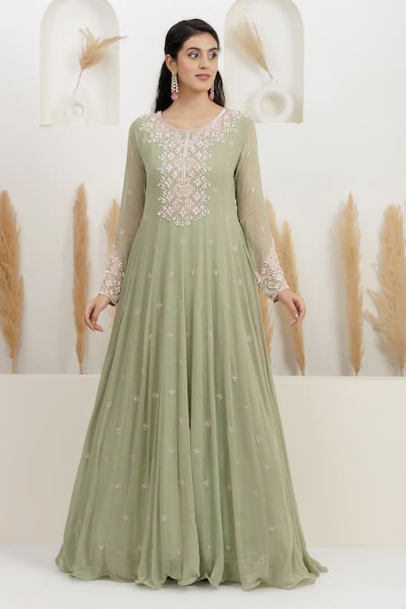 BAIDEHI_Green Georgette Cut Work, Pearls, Sequins, Beads Round Neck And Embroidered Gown _at_Aza_Fashions