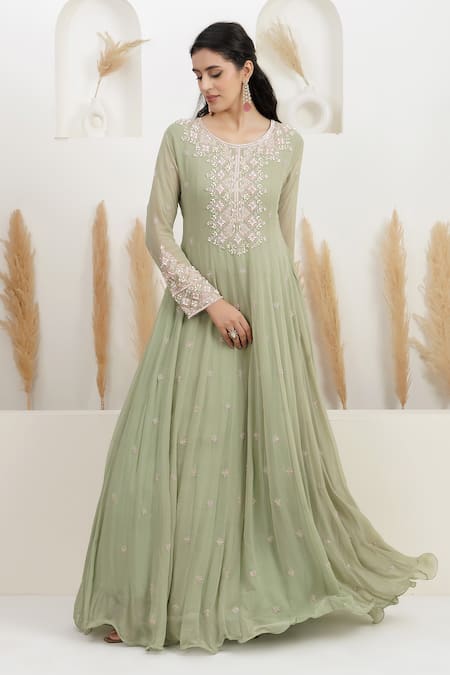 Buy_BAIDEHI_Green Georgette Cut Work, Pearls, Sequins, Beads Round Neck And Embroidered Gown 