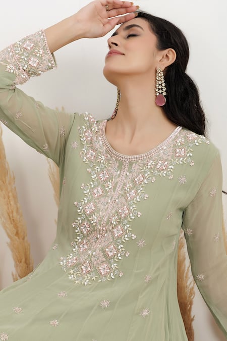 Shop_BAIDEHI_Green Georgette Cut Work, Pearls, Sequins, Beads Round Neck And Embroidered Gown 