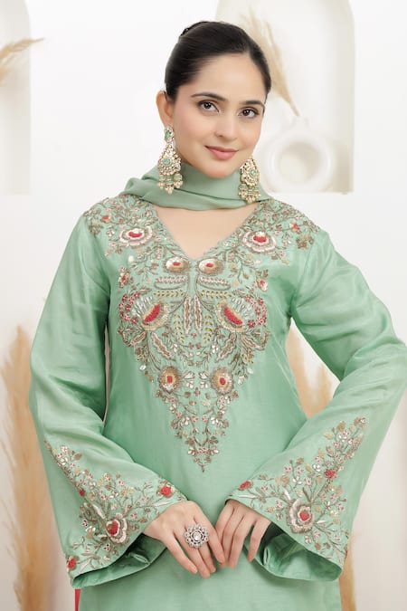 BAIDEHI_Mint Bemberg, Silk, Organza Sequins, Beads, Pearls, Dabka And Kurta Sharara Set _Online_at_Aza_Fashions