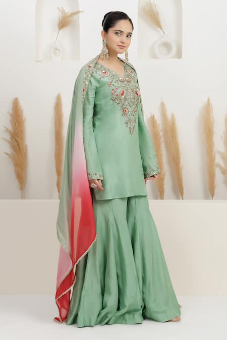 BAIDEHI_Mint Bemberg, Silk, Organza Sequins, Beads, Pearls, Dabka And Kurta Sharara Set _at_Aza_Fashions