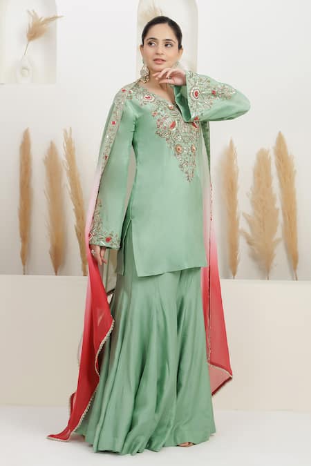 Buy_BAIDEHI_Mint Bemberg, Silk, Organza Sequins, Beads, Pearls, Dabka And Kurta Sharara Set 