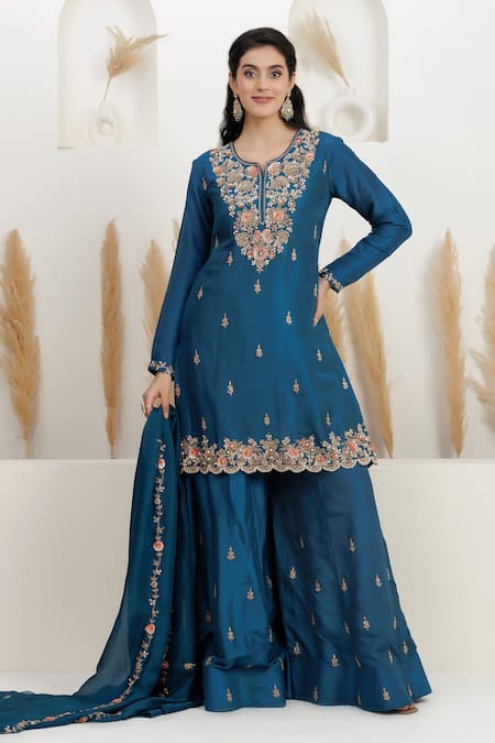 Buy_BAIDEHI_Blue Bemberg, Silk, Organza Sequins, Beads, Pearls, Kurta Sharara Set _Online_at_Aza_Fashions