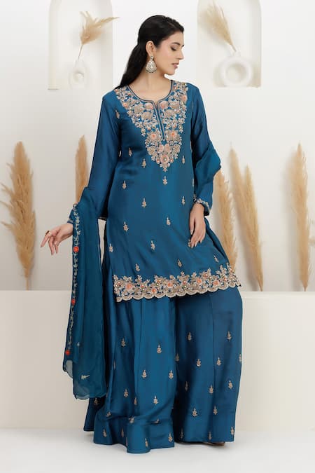 Shop_BAIDEHI_Blue Bemberg, Silk, Organza Sequins, Beads, Pearls, Kurta Sharara Set _Online_at_Aza_Fashions