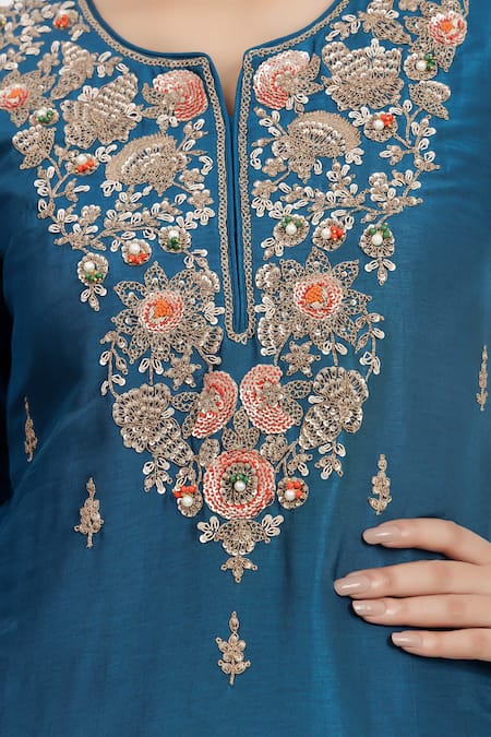 Shop_BAIDEHI_Blue Bemberg, Silk, Organza Sequins, Beads, Pearls, Kurta Sharara Set 