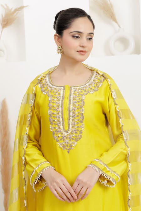 Shop_BAIDEHI_Mustard Chanderi Silk, Organza Sequins, Beads, Pearls, Zari, Kurta Set _Online_at_Aza_Fashions