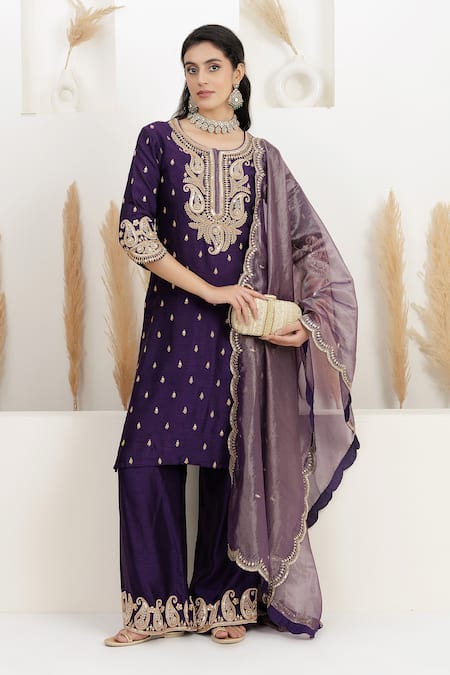 Buy_BAIDEHI_Purple Bemberg, Silk, Organza, Tissue Sequins, Pearls, Embroidery And Kurta Set _Online_at_Aza_Fashions