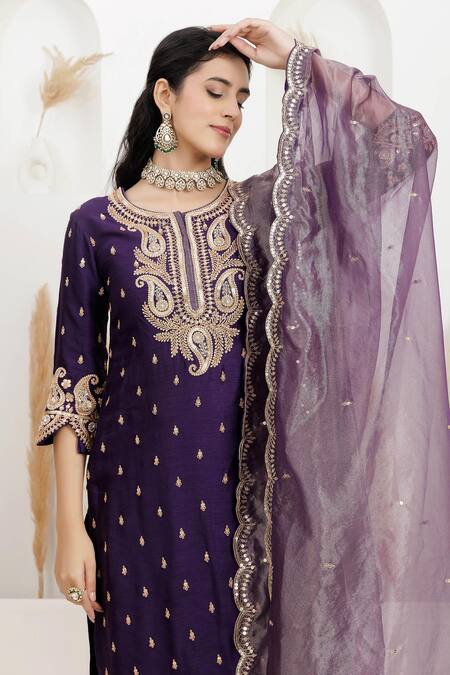 Shop_BAIDEHI_Purple Bemberg, Silk, Organza, Tissue Sequins, Pearls, Embroidery And Kurta Set _Online_at_Aza_Fashions