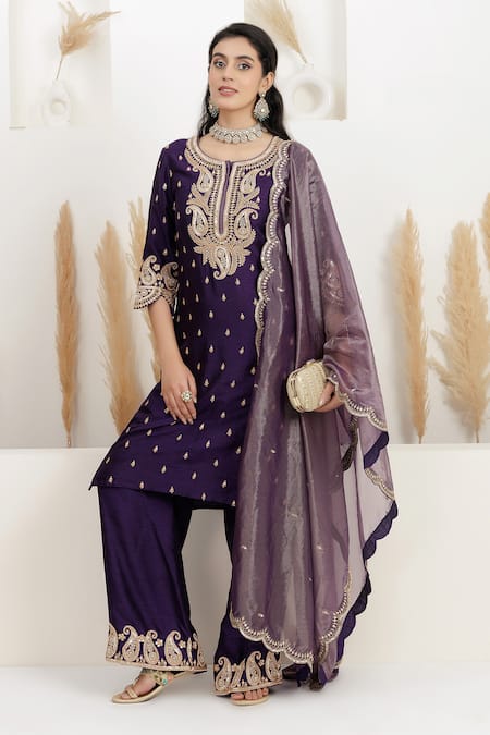 Buy_BAIDEHI_Purple Bemberg, Silk, Organza, Tissue Sequins, Pearls, Embroidery And Kurta Set 