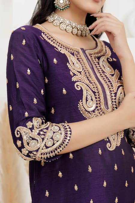 Shop_BAIDEHI_Purple Bemberg, Silk, Organza, Tissue Sequins, Pearls, Embroidery And Kurta Set 