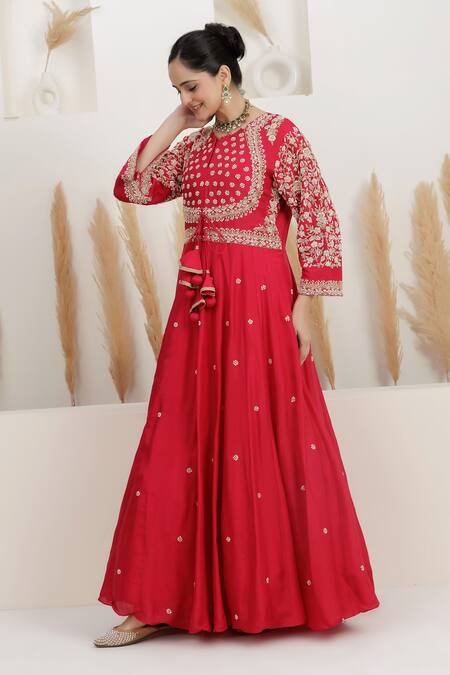 BAIDEHI_Fuchsia Dupion, Silk, Crepe Cut Work, Pearls, Zardozi Anarkali With Dupatta _Online_at_Aza_Fashions