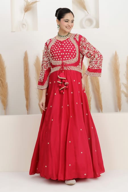 Buy_BAIDEHI_Fuchsia Dupion, Silk, Crepe Cut Work, Pearls, Zardozi Anarkali With Dupatta _Online_at_Aza_Fashions