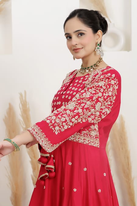 BAIDEHI_Fuchsia Dupion, Silk, Crepe Cut Work, Pearls, Zardozi Anarkali With Dupatta _at_Aza_Fashions