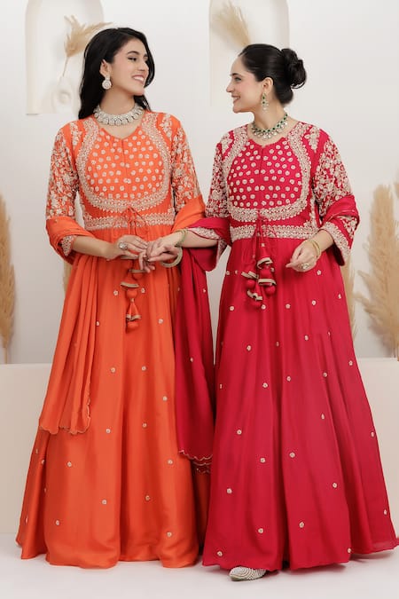 Buy_BAIDEHI_Fuchsia Dupion, Silk, Crepe Cut Work, Pearls, Zardozi Anarkali With Dupatta 