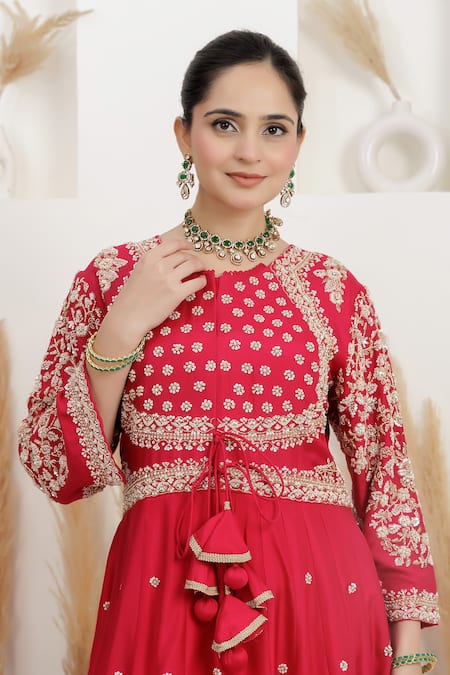 Shop_BAIDEHI_Fuchsia Dupion, Silk, Crepe Cut Work, Pearls, Zardozi Anarkali With Dupatta 