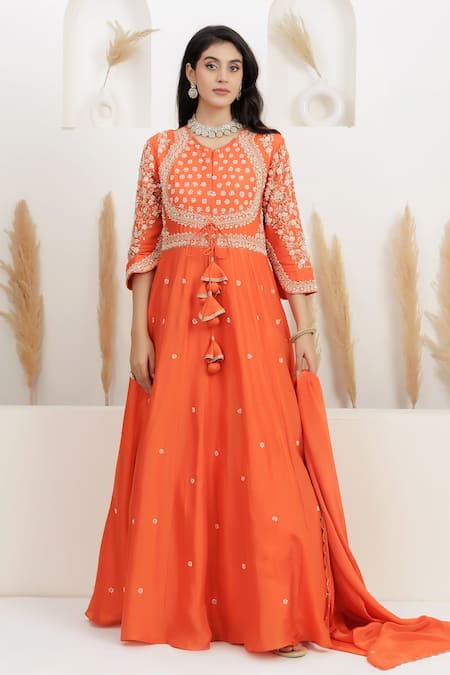 Buy_BAIDEHI_Orange Dupion, Silk, Crepe Pearls, Embroidery Dabka Anarkali With Dupatta _Online_at_Aza_Fashions