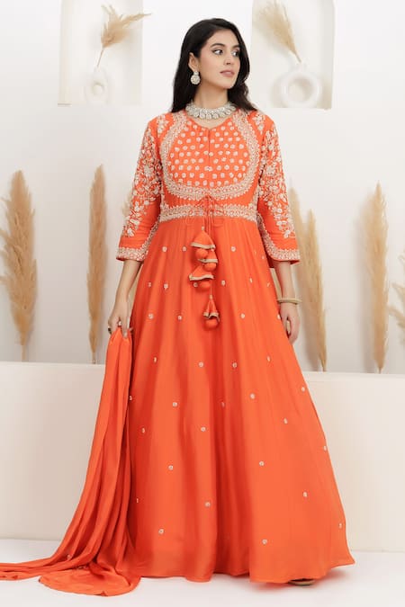 Shop_BAIDEHI_Orange Dupion, Silk, Crepe Pearls, Embroidery Dabka Anarkali With Dupatta _Online_at_Aza_Fashions