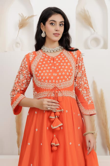 BAIDEHI_Orange Dupion, Silk, Crepe Pearls, Embroidery Dabka Anarkali With Dupatta _at_Aza_Fashions