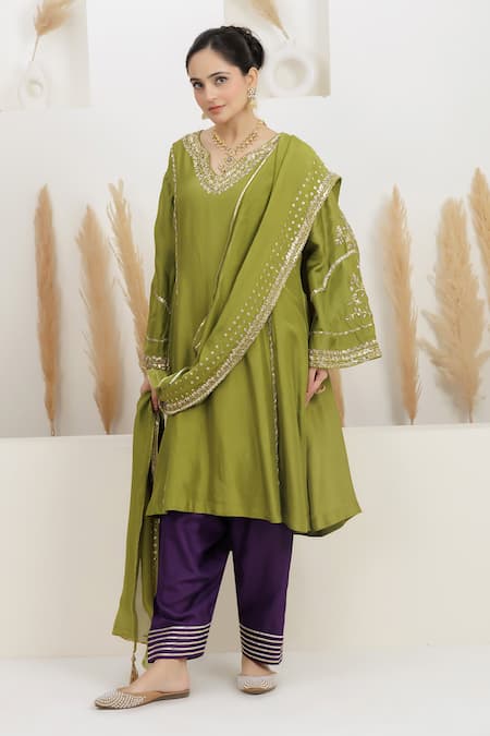 Buy_BAIDEHI_Green Silk, Bemberg, Organza Gota Patti, Sequins, Embroidered Kurta Salwar Set _Online_at_Aza_Fashions