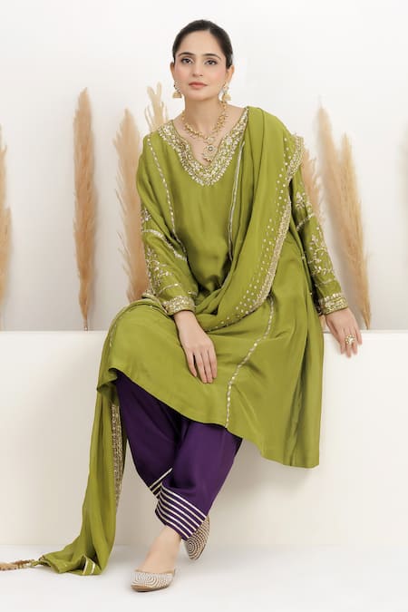 Shop_BAIDEHI_Green Silk, Bemberg, Organza Gota Patti, Sequins, Embroidered Kurta Salwar Set _Online_at_Aza_Fashions