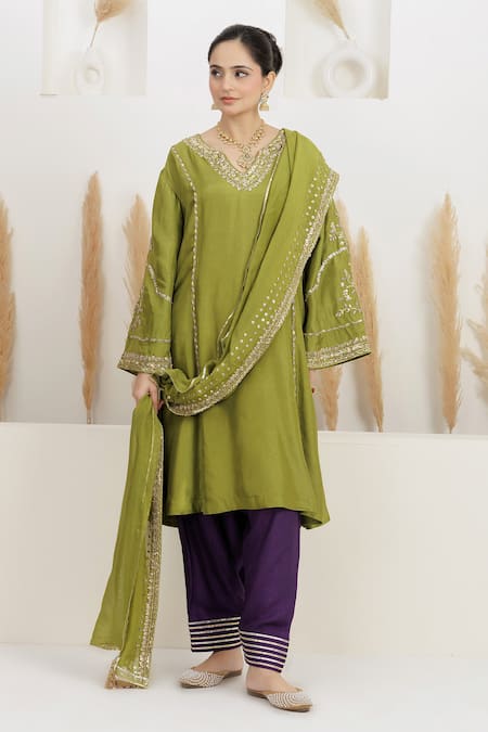 BAIDEHI_Green Silk, Bemberg, Organza Gota Patti, Sequins, Embroidered Kurta Salwar Set _at_Aza_Fashions