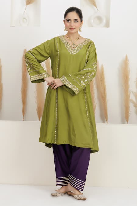 Buy_BAIDEHI_Green Silk, Bemberg, Organza Gota Patti, Sequins, Embroidered Kurta Salwar Set 