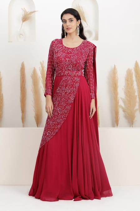 BAIDEHI_Red Georgette Beads, Sequins, Embroidery Round Neck Draped Saree Gown _Online_at_Aza_Fashions