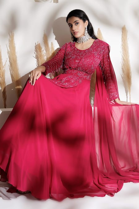 Buy_BAIDEHI_Red Georgette Beads, Sequins, Embroidery Round Neck Draped Saree Gown _Online_at_Aza_Fashions
