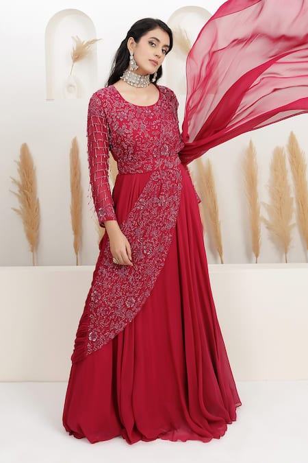 Shop_BAIDEHI_Red Georgette Beads, Sequins, Embroidery Round Neck Draped Saree Gown _Online_at_Aza_Fashions
