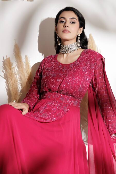 BAIDEHI_Red Georgette Beads, Sequins, Embroidery Round Neck Draped Saree Gown _at_Aza_Fashions
