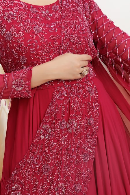 Buy_BAIDEHI_Red Georgette Beads, Sequins, Embroidery Round Neck Draped Saree Gown 