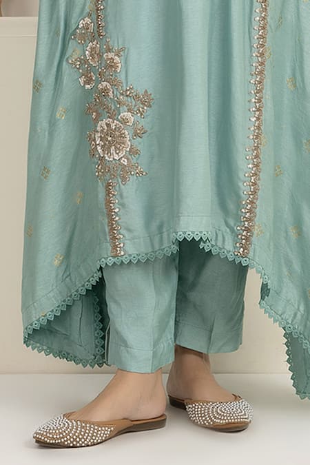 BAIDEHI_Blue Bemberg, Silk Beads, Pearls, Sequins, Asymmetric Anarkali Kurta And Pant Set _Online_at_Aza_Fashions