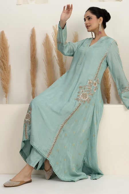 Shop_BAIDEHI_Blue Bemberg, Silk Beads, Pearls, Sequins, Asymmetric Anarkali Kurta And Pant Set _Online_at_Aza_Fashions