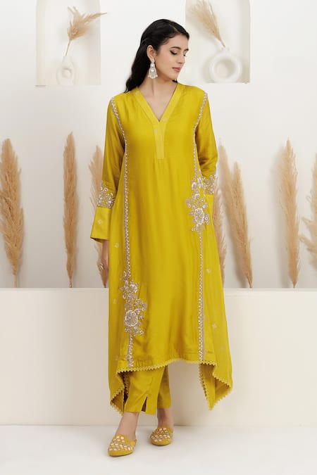BAIDEHI_Mustard Silk, Bemberg Embroidery, Sequins, Beads, Asymmetrical Kurta And Pant Set _Online_at_Aza_Fashions