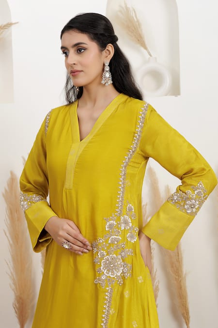Shop_BAIDEHI_Mustard Silk, Bemberg Embroidery, Sequins, Beads, Asymmetrical Kurta And Pant Set _Online_at_Aza_Fashions