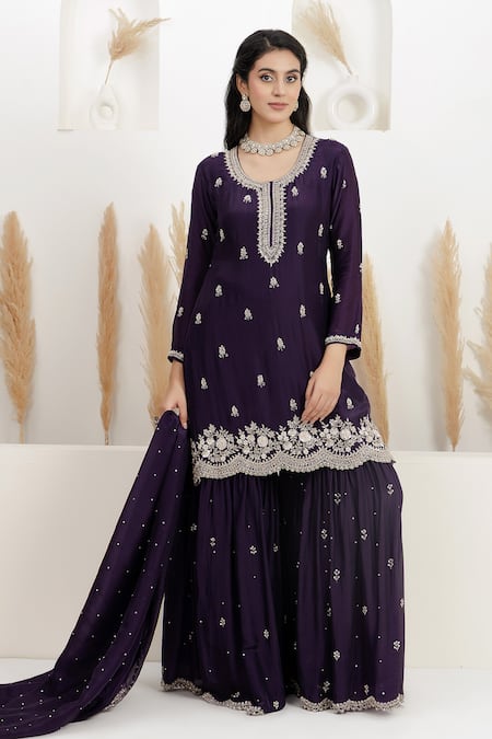 BAIDEHI Purple Satin, Silk, Organza Beads, Sequins, Pearls, Embroidery And Kurta Set Online at Aza Fashions BAIDEHI_Purple Satin, Silk, Organza Beads, Sequins, Pearls, Embroidery And Kurta Set _Online_at_Aza_Fashions